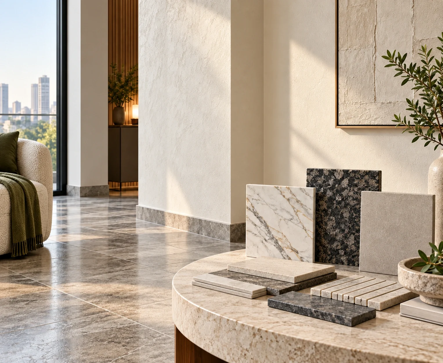 Concept illustration of stone flooring, wall finishes and material samples for Noble Callista Mohali
