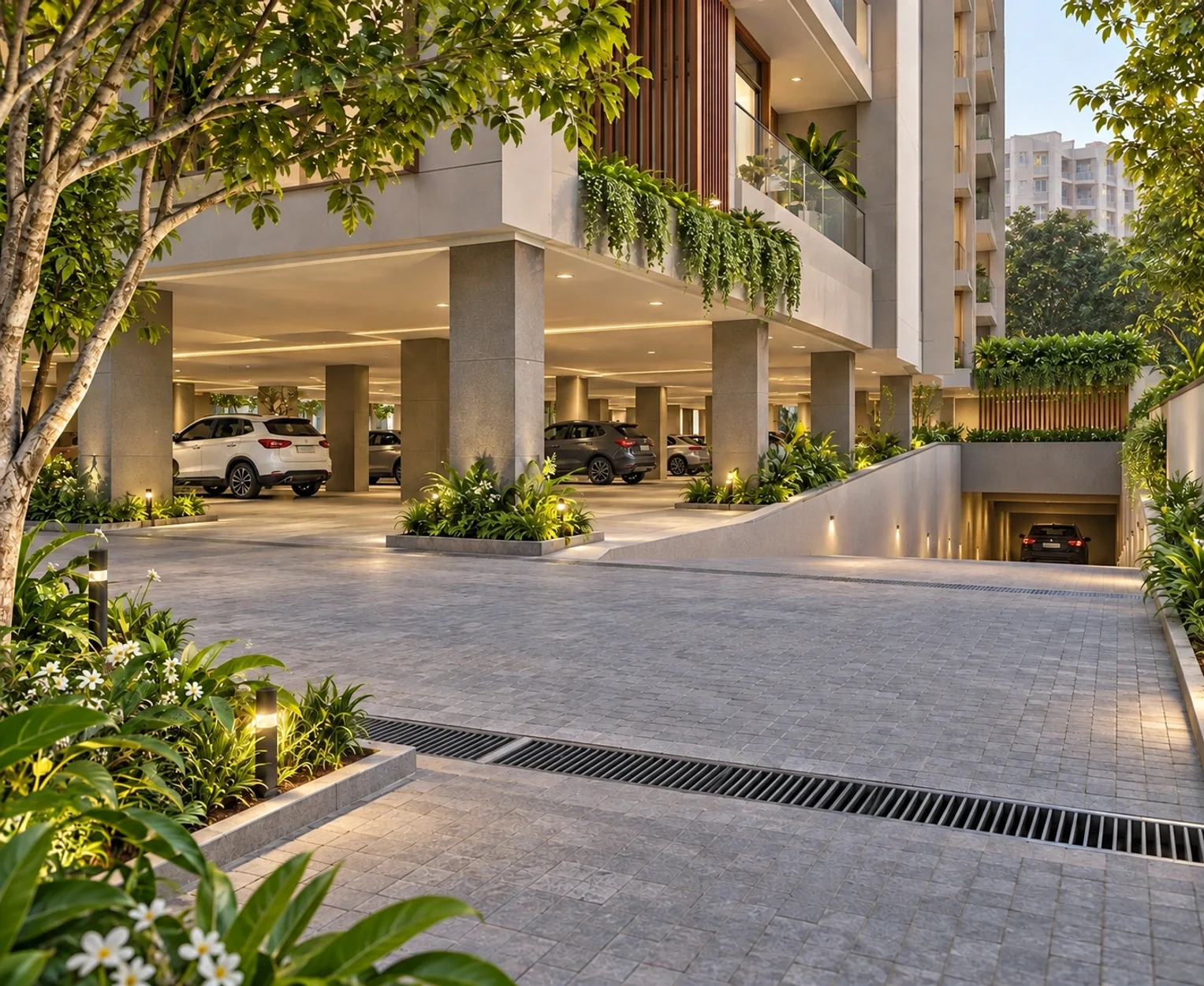 Concept illustration of stilt parking, basement access and drainage for Noble Callista Mohali