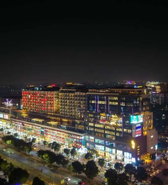 CP67 Mall illuminated at night in Sector 67, Mohali