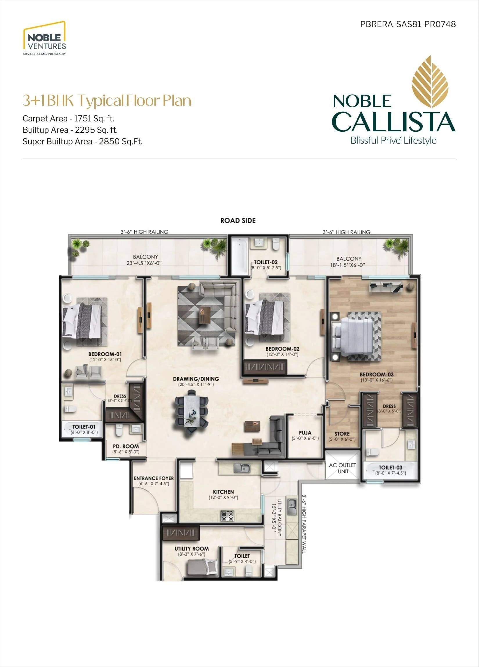 3 BHK apartment floor plan at Noble Callista Mohali