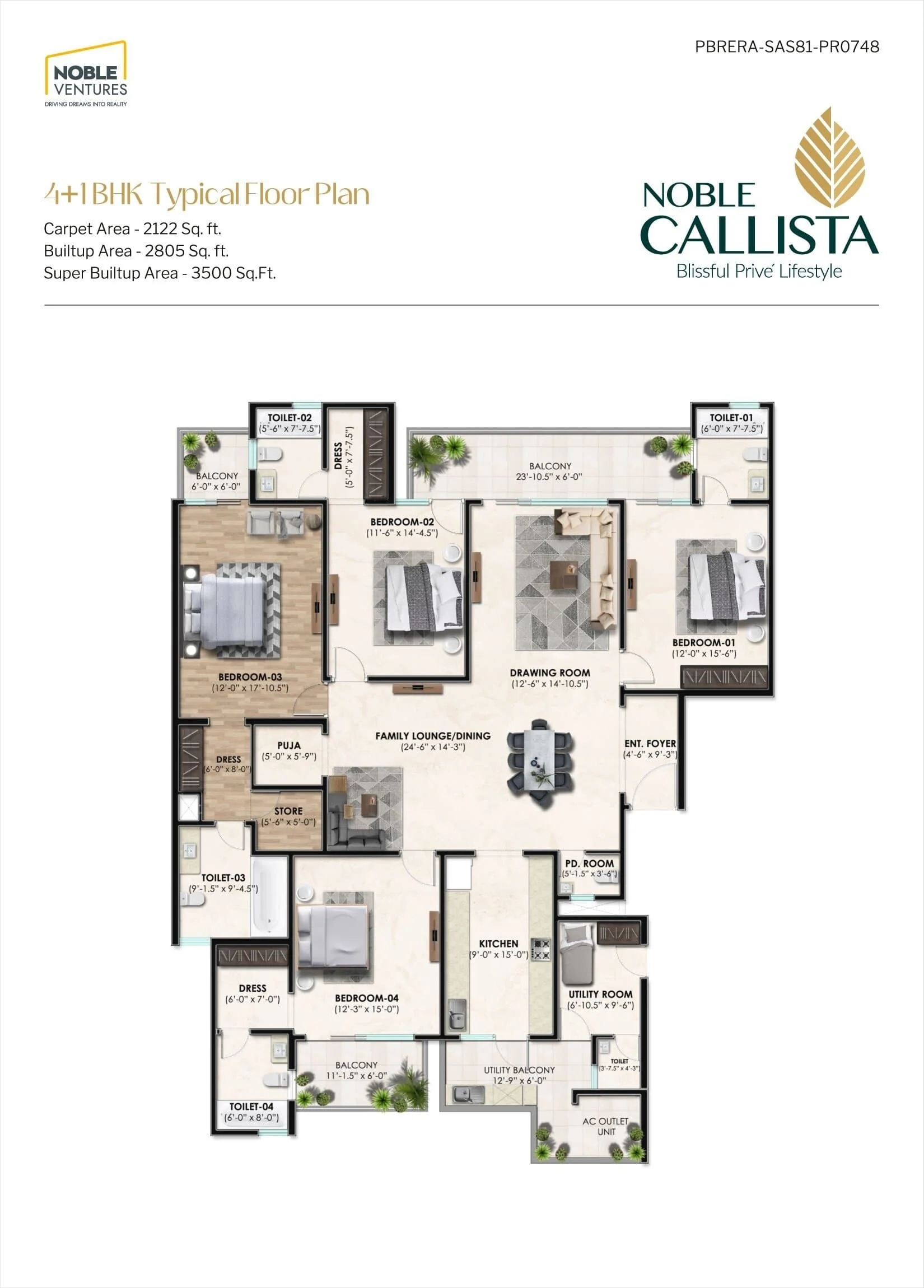 4 BHK apartment floor plan at Noble Callista Mohali