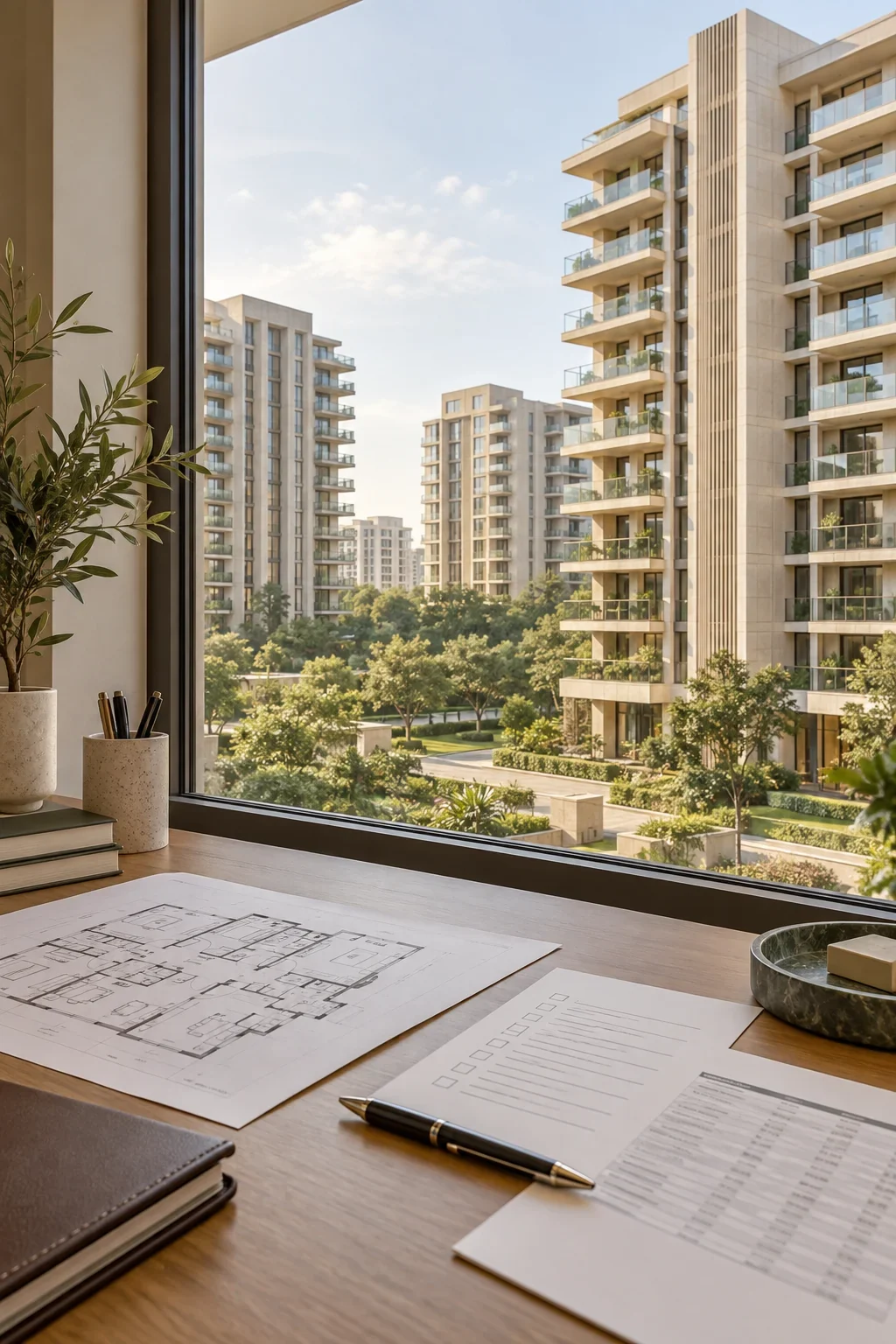 Conceptual view of apartment buildings with floor plans and buyer checklist documents on a desk at Noble Callista Mohali