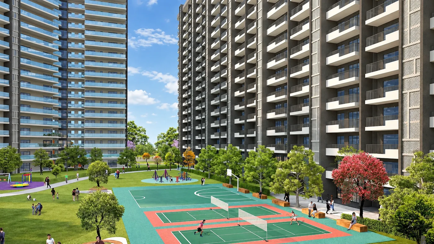 Regenerated architectural illustration of the landscaped courtyard and sports courts at Noble Callista Mohali