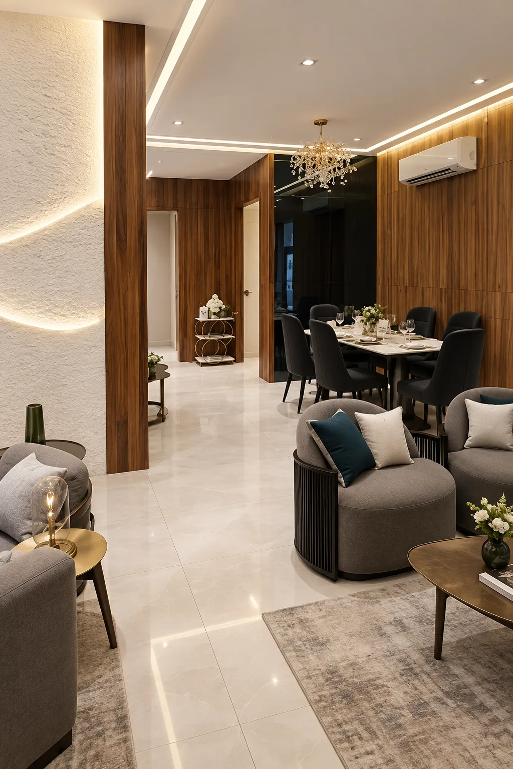 Recreated architectural visualization of a furnished living and dining room at Noble Callista Mohali