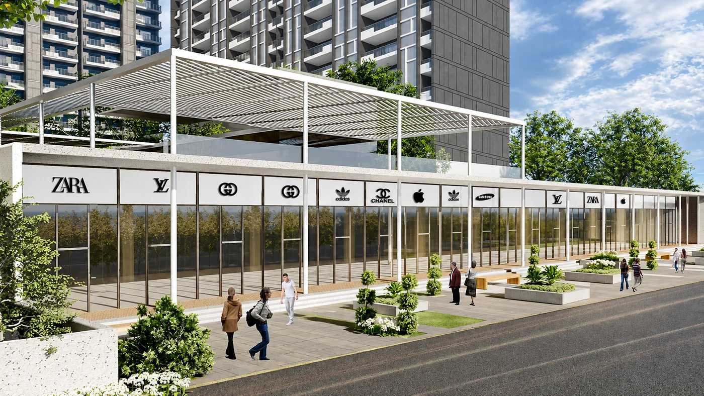Architectural illustration of retail frontage beneath residential towers at Noble Callista Mohali