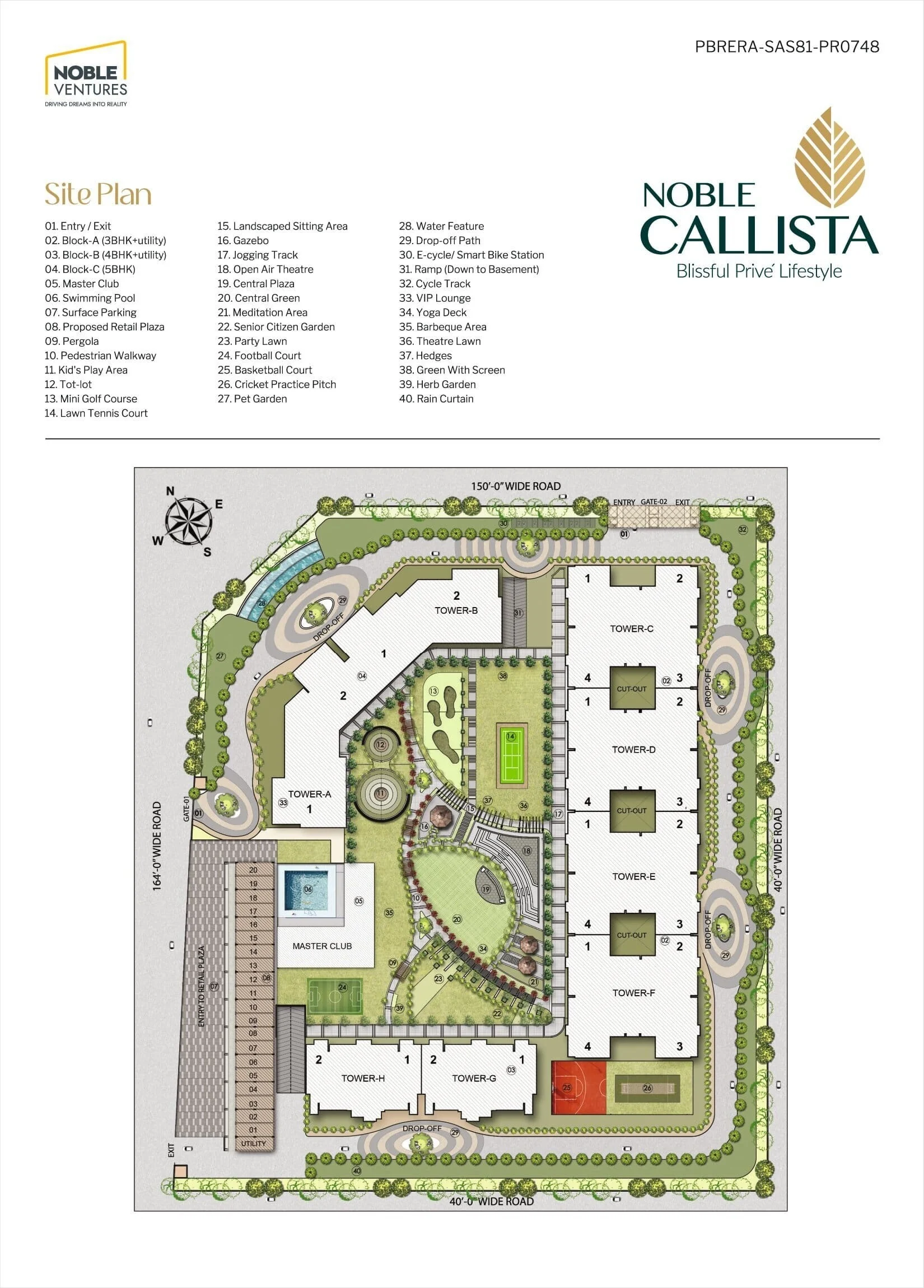 Noble Callista Mohali site plan showing residential towers, gardens, clubhouse, sports areas and access routes